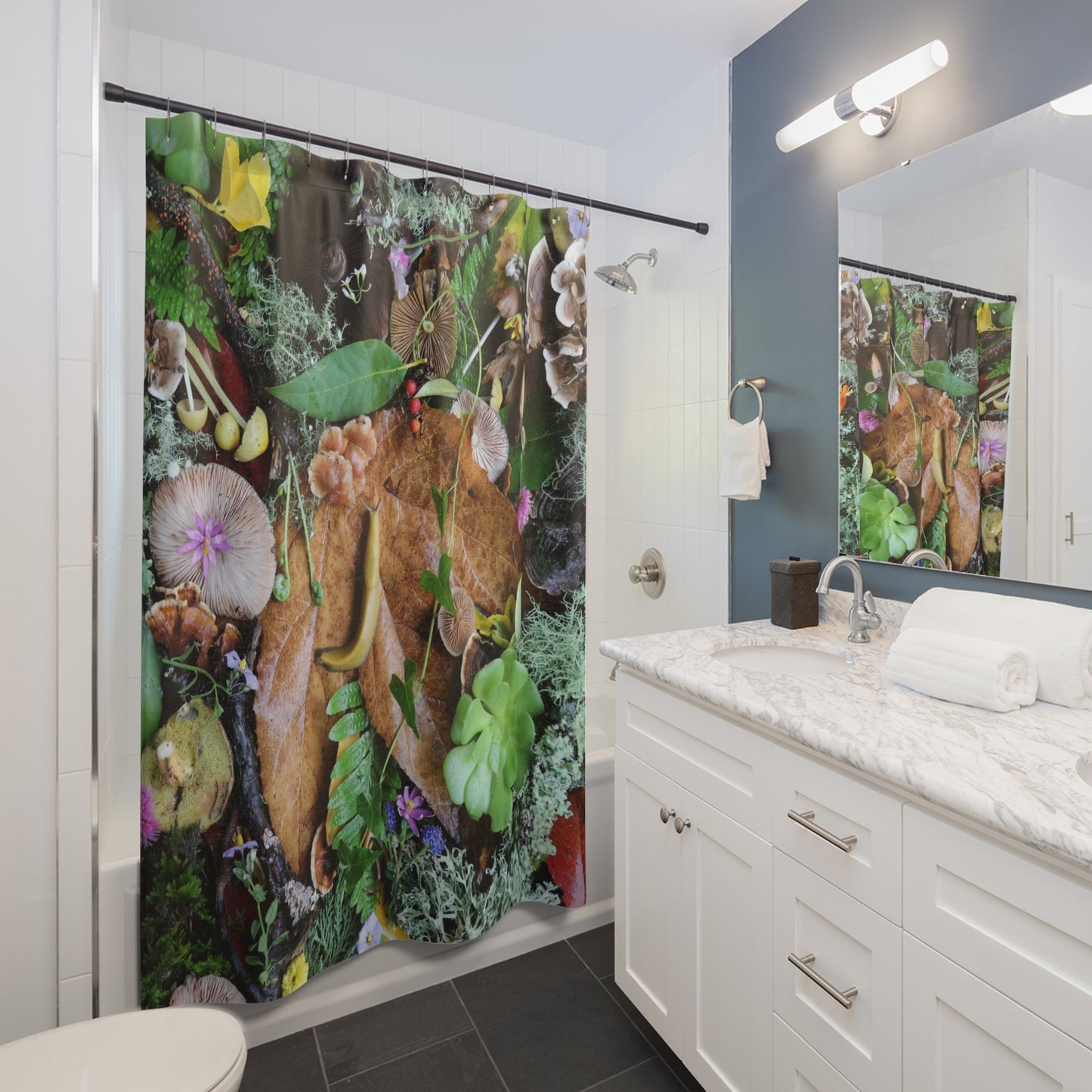 Nature Collage Shower Curtain — Forest Floor Leaves, Moss & Succulents Bathroom Décor