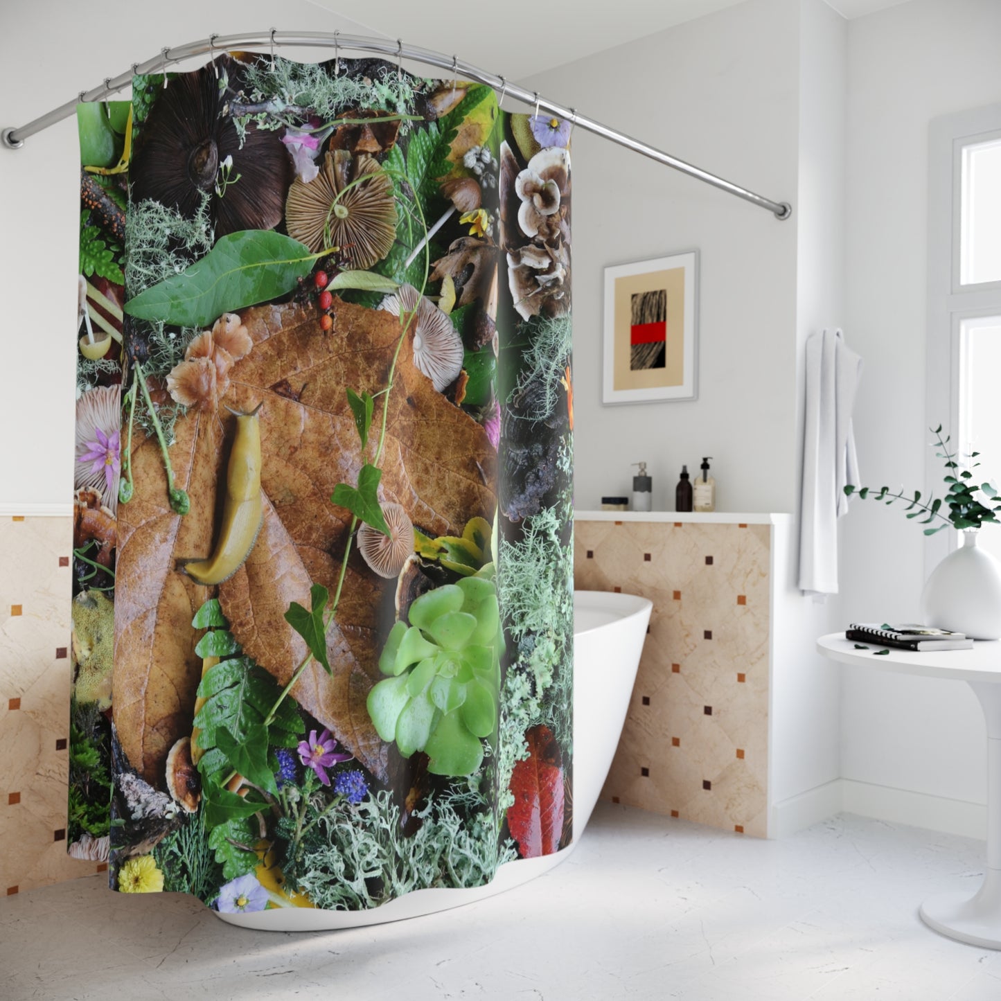 Nature Collage Shower Curtain — Forest Floor Leaves, Moss & Succulents Bathroom Décor