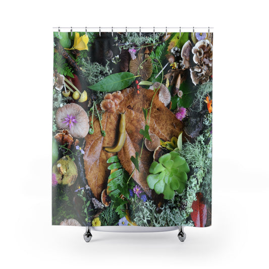 Nature Collage Shower Curtain — Forest Floor Leaves, Moss & Succulents Bathroom Décor