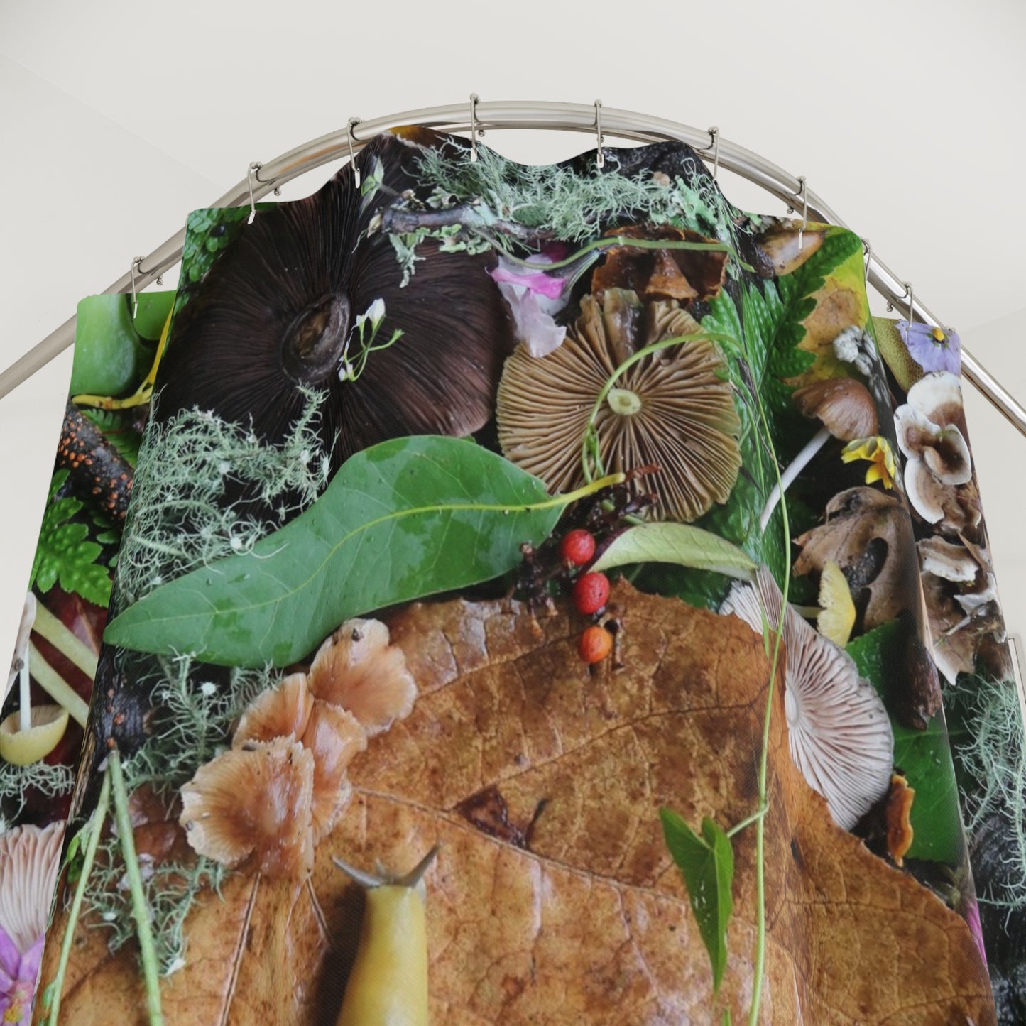 Nature Collage Shower Curtain — Forest Floor Leaves, Moss & Succulents Bathroom Décor