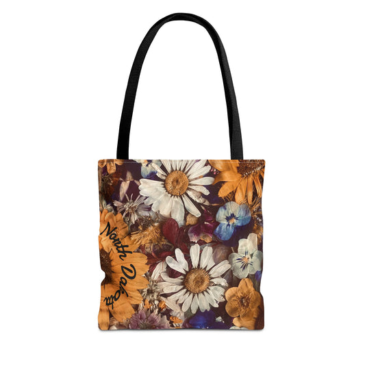 Vintage Pressed Flowers North Dakota Tote Bag — Floral Daisies AOP Tote